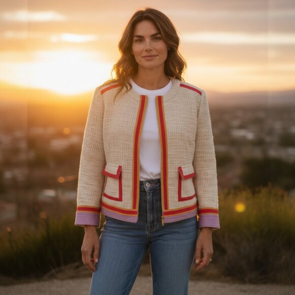 Tory Burch Farrow British Khaki Tweed Red Purple Detail Short Jacket Size 2 - Picture 1 of 6